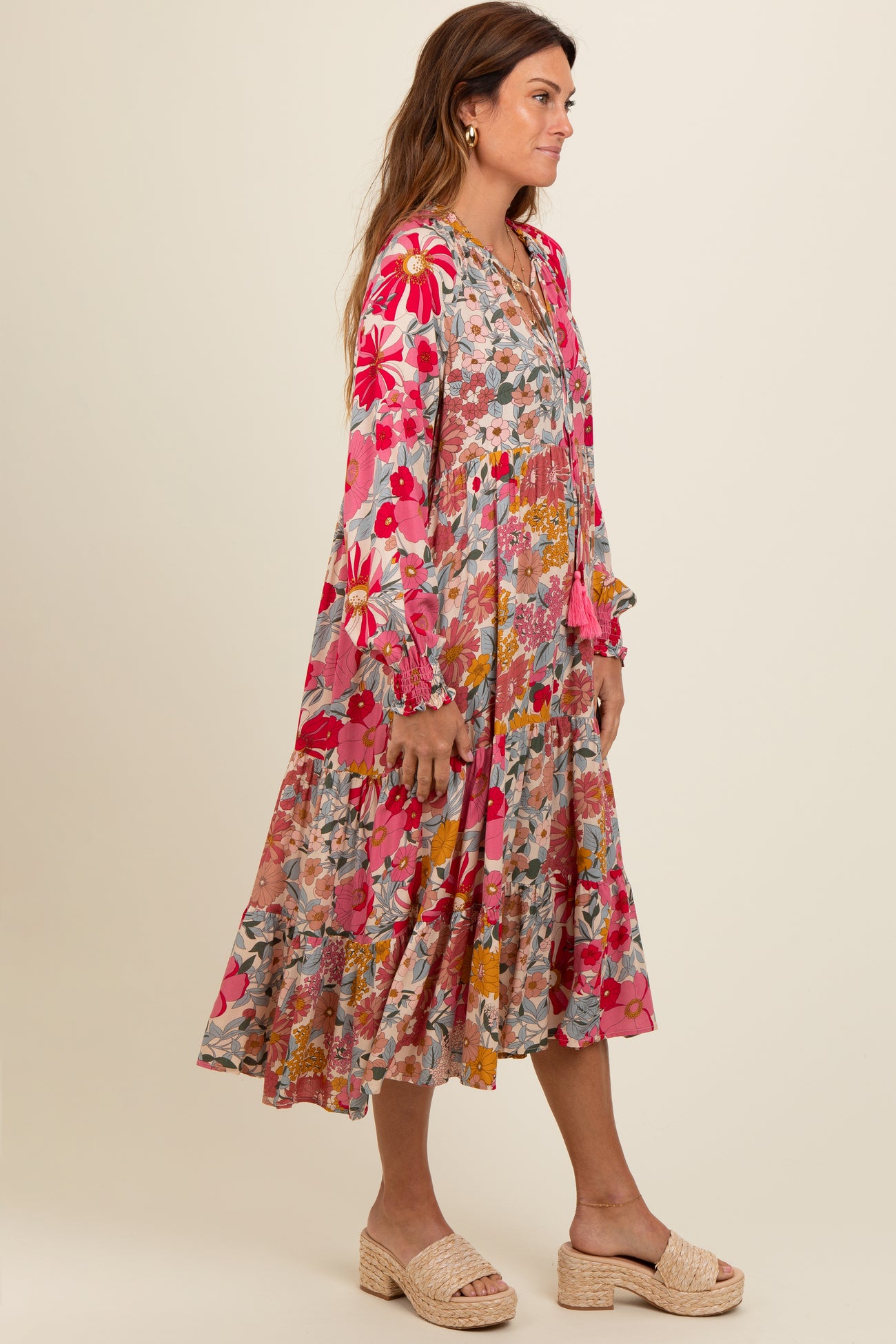 Pink Floral Tassel Tie Tiered Midi Dress