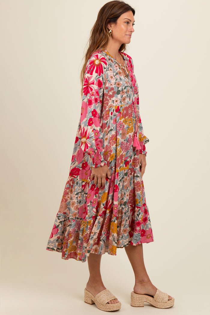 Pink Floral Tassel Tie Tiered Midi Dress