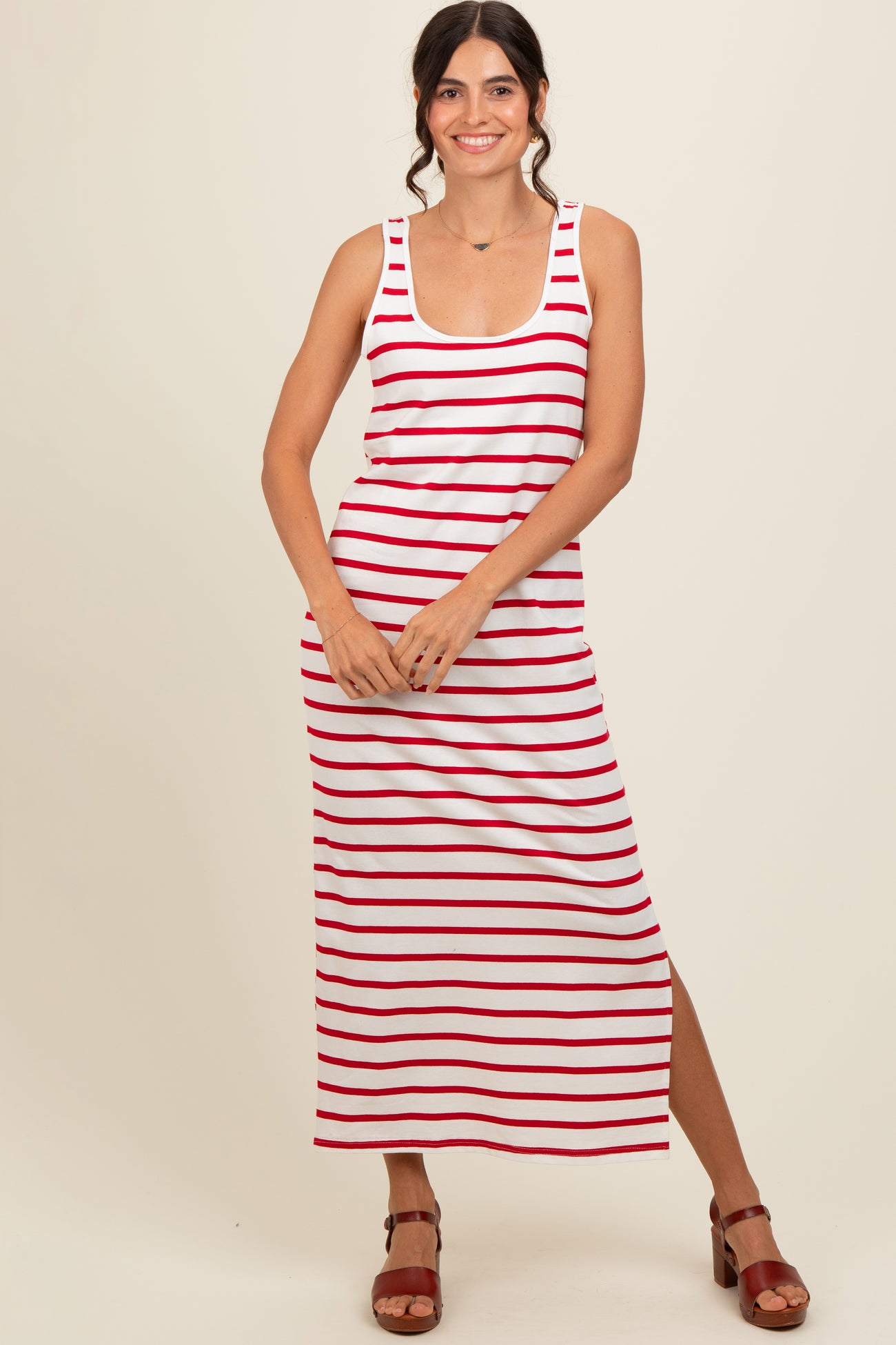 Red Striped Sleeveless Side Slit Maternity Maxi Dress