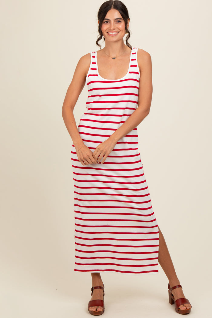 Red Striped Sleeveless Side Slit Maternity Maxi Dress