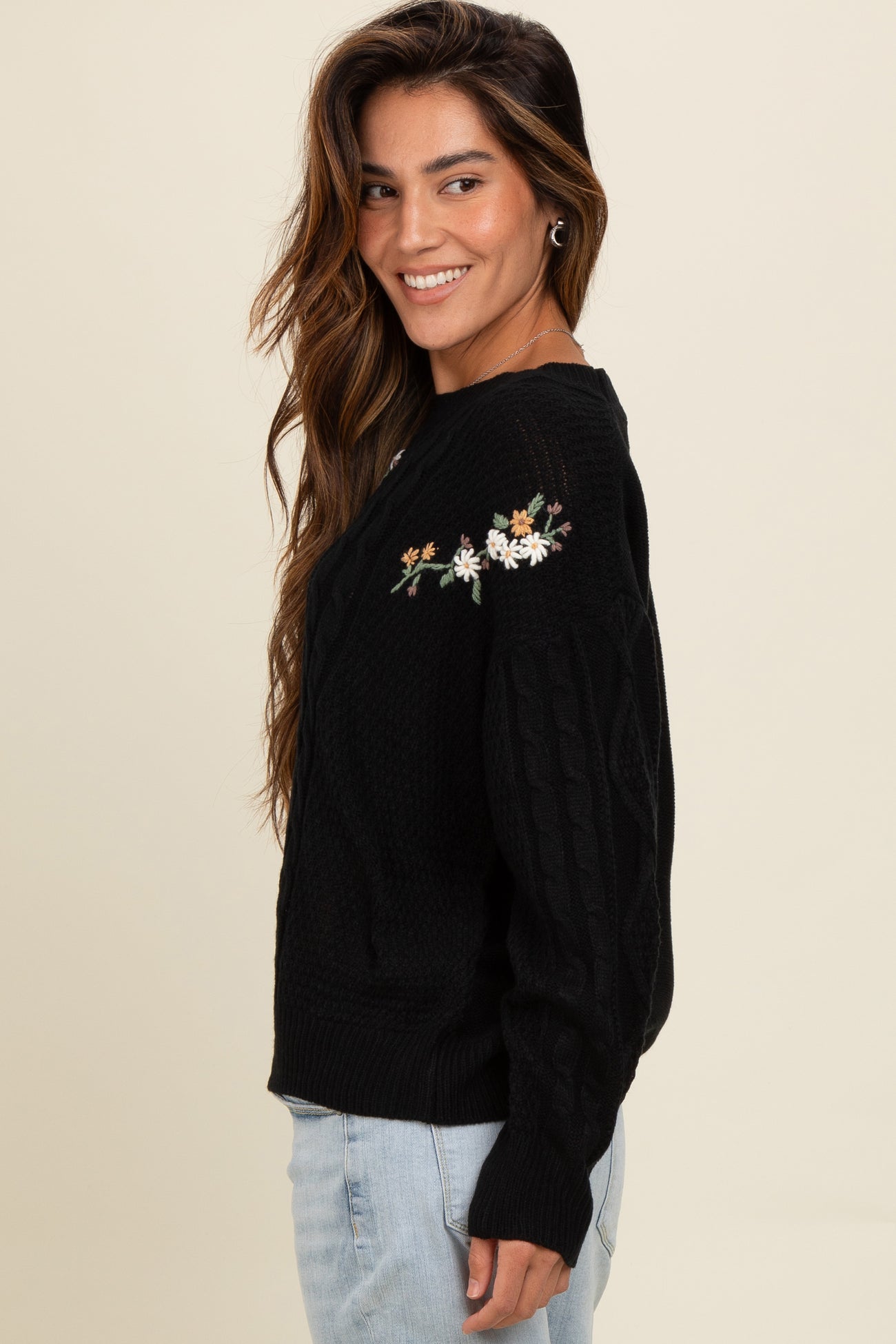 Black Embroidered Flower Cable Knit Sweater