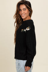 Black Embroidered Flower Cable Knit Sweater