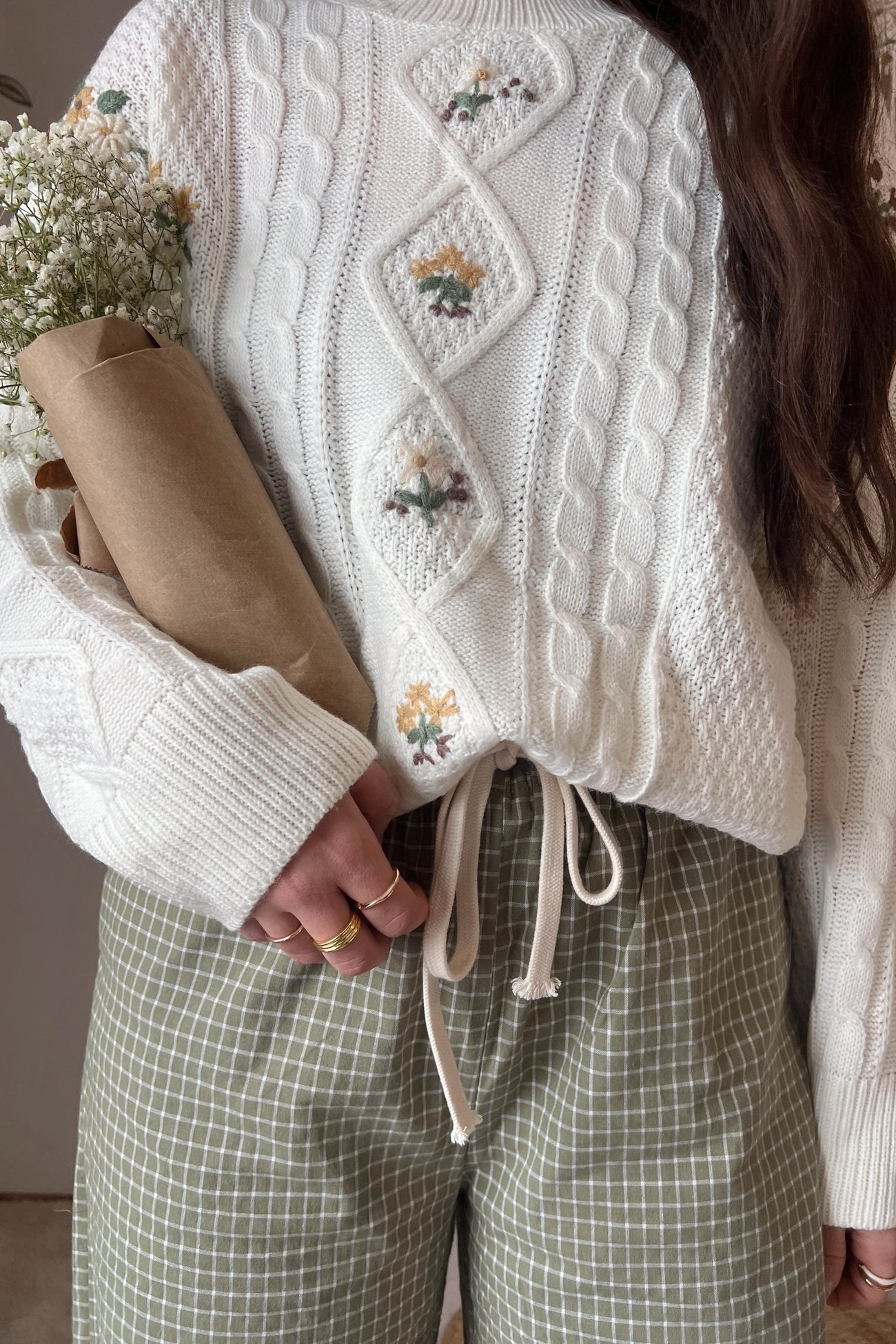 Ivory Embroidered Flower Cable Knit Sweater