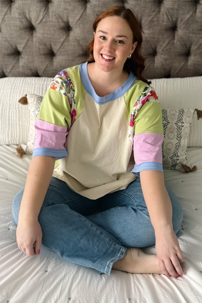 Lime Floral Colorblock Raw Hem Oversized Top