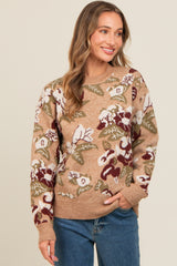 Beige Floral Print Crew Neck Sweater