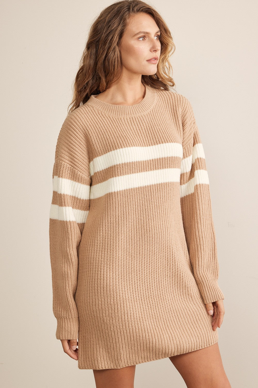 Beige Relaxed Fit Striped Mini Sweater Dress