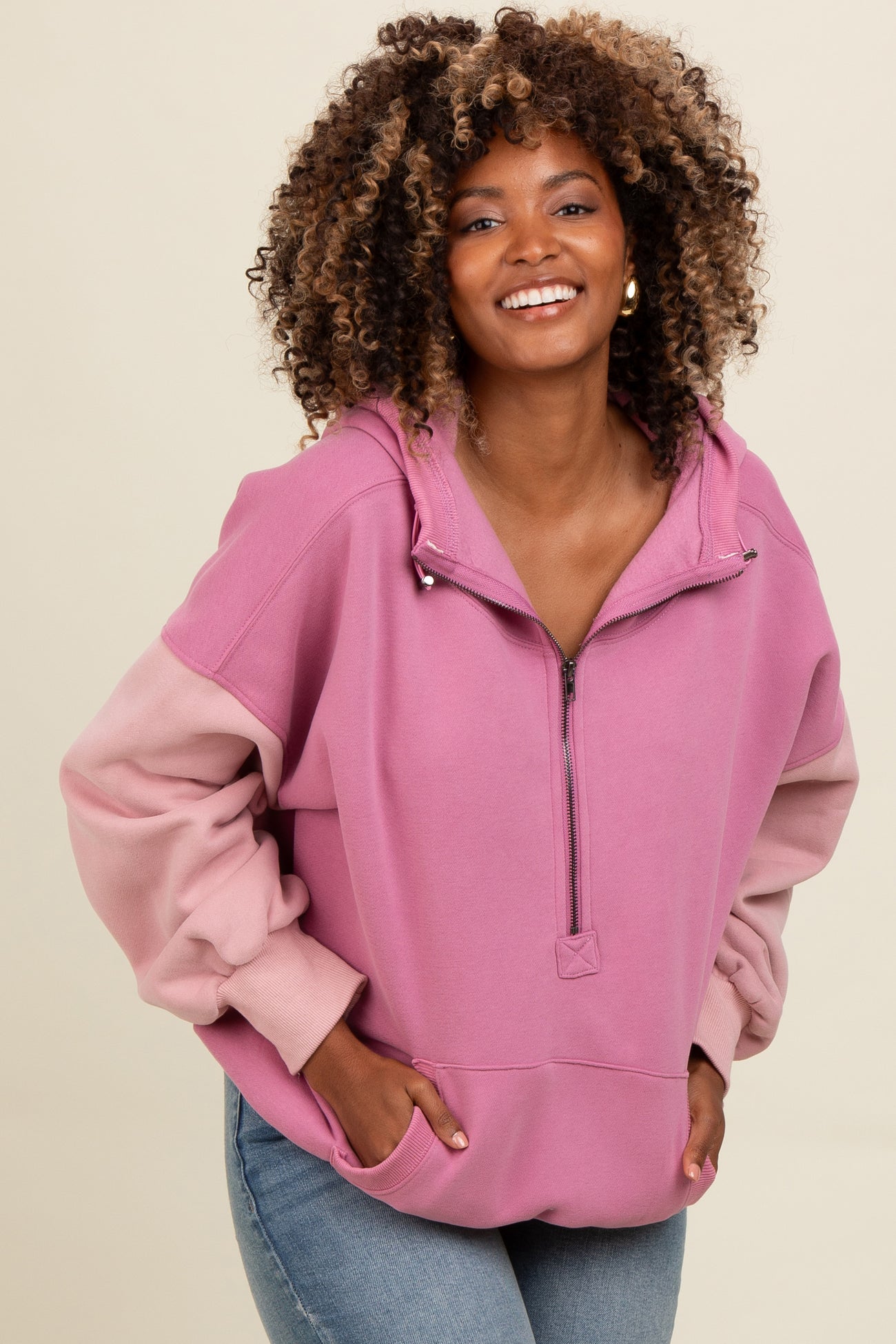 Mauve Colorblock Half Zip Maternity Hoodie