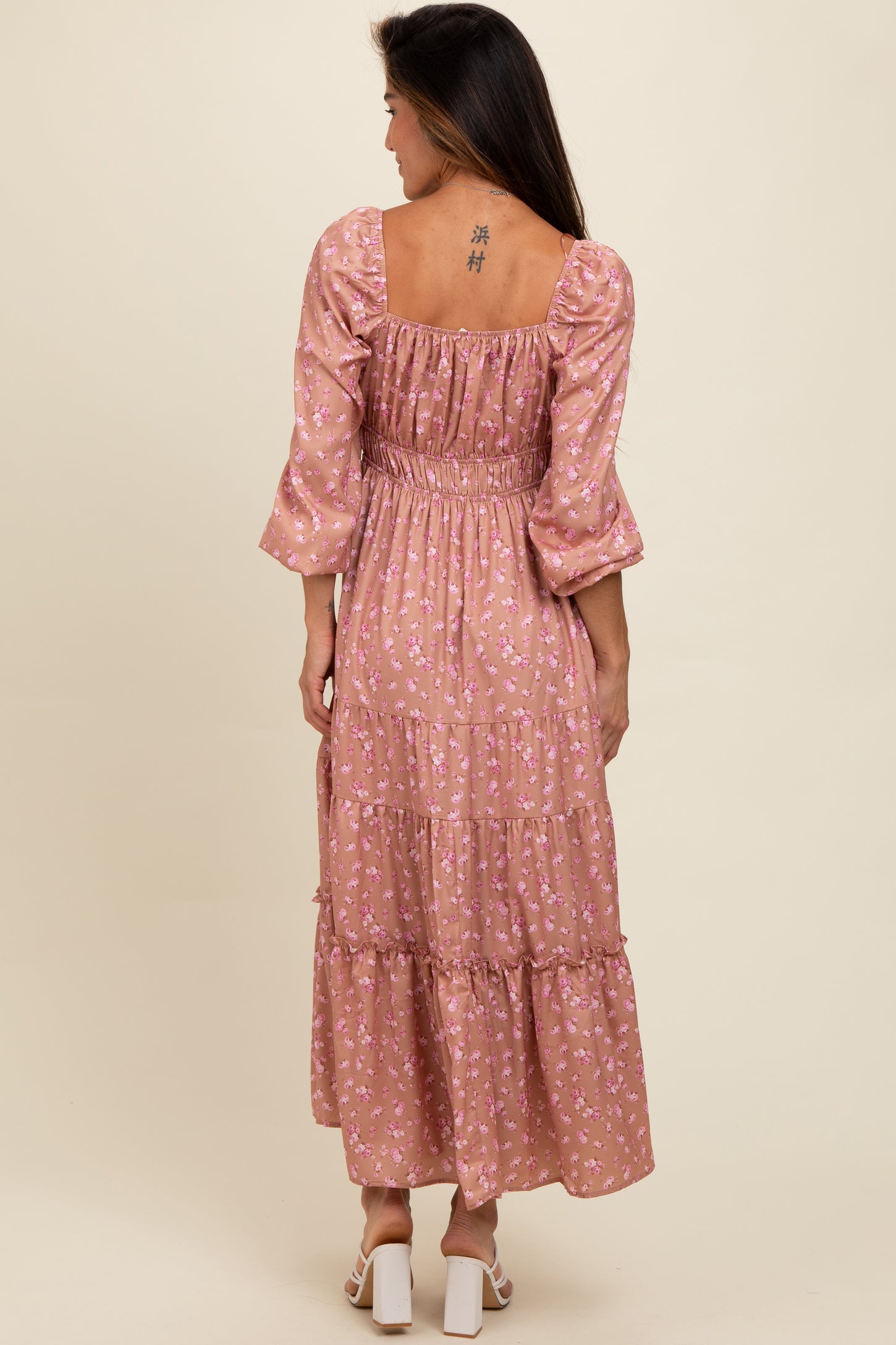 Mauve Satin Floral Pleated Tiered Maxi Dress