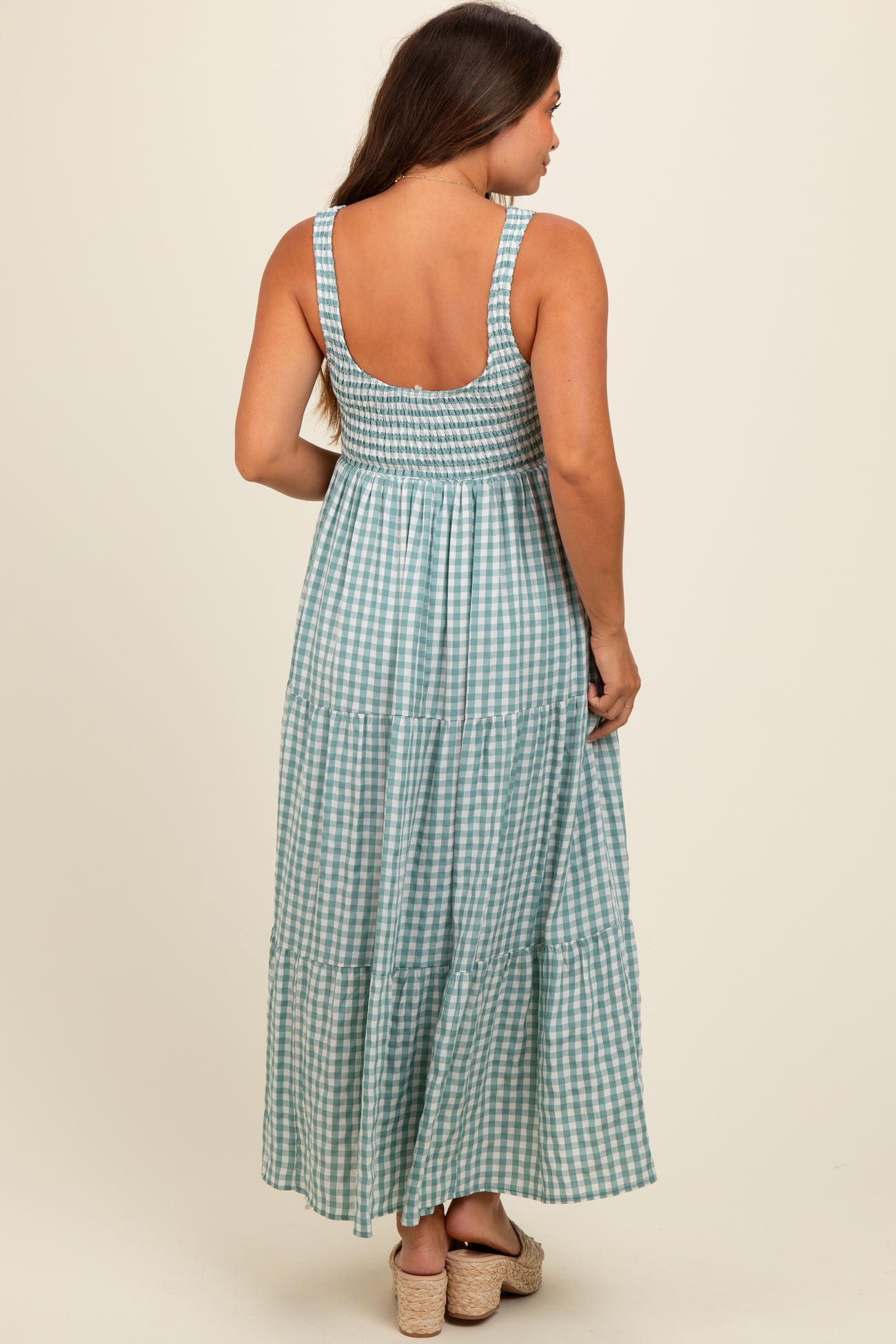 Light Blue Plaid Tiered Maternity Maxi Dress