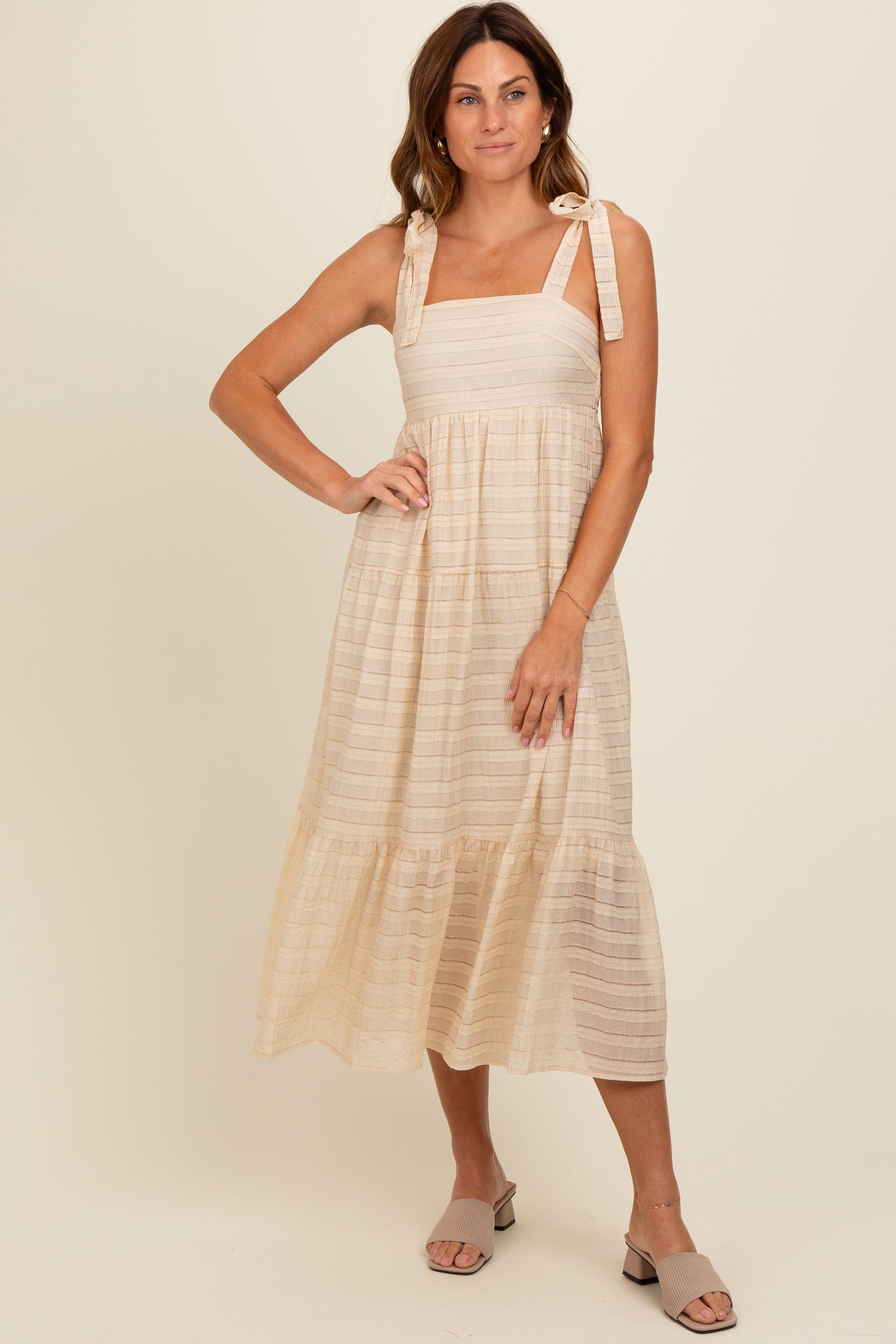 Cream Gingham Shoulder Tie Dress