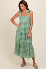 Light Olive Gingham Shoulder Tie Dress