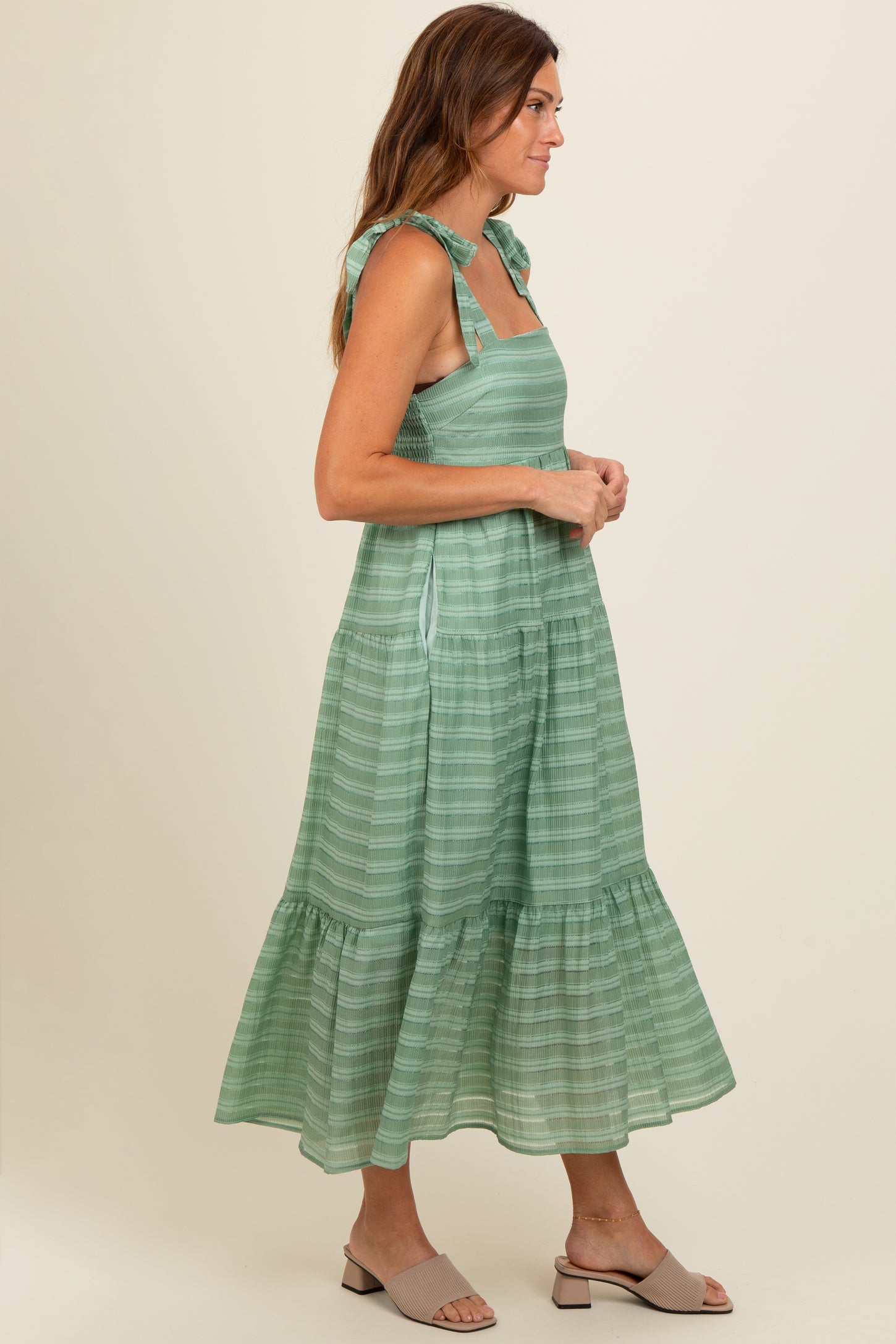Light Olive Gingham Shoulder Tie Dress