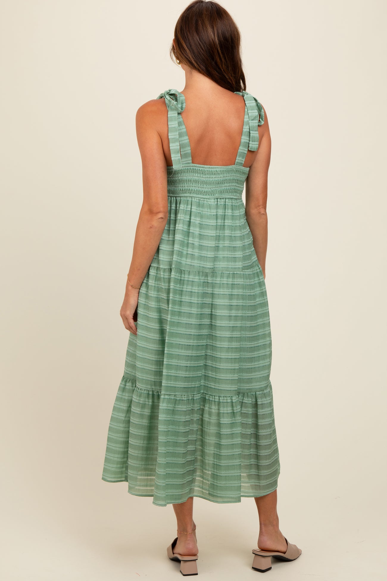 Light Olive Gingham Shoulder Tie Dress