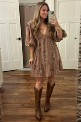 Mauve Deep V-Neck Tie Back Floral Mini Dress