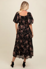 Black Floral Tiered Puff Sleeve Maxi Dress