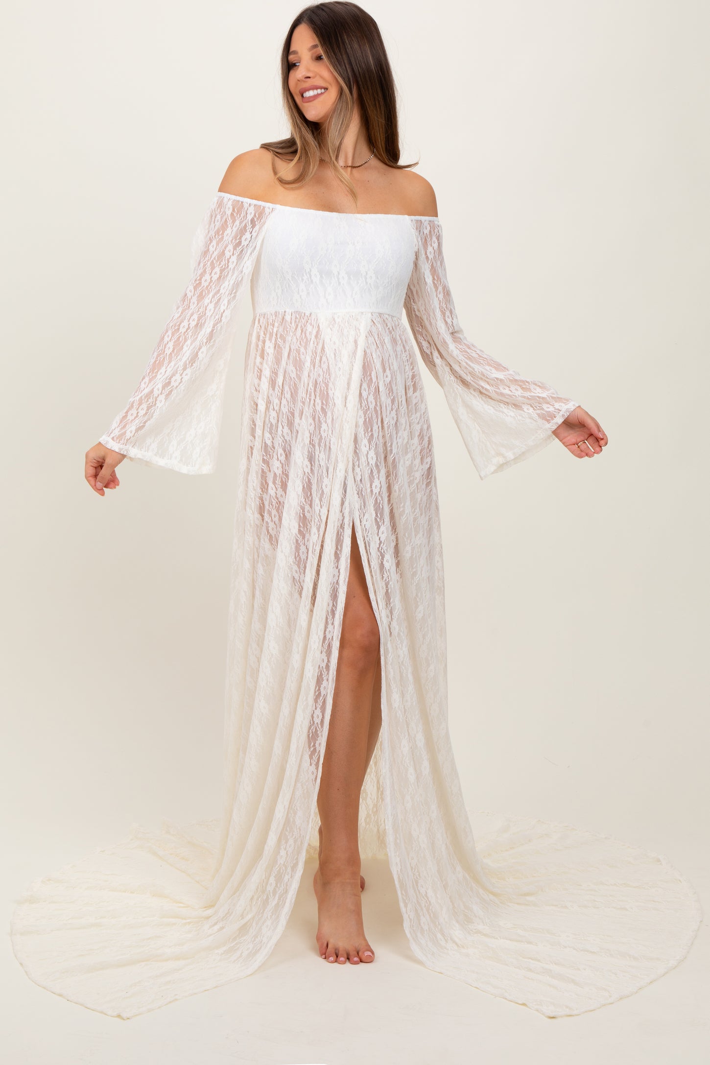 Ivory Lace Off Shoulder Maternity Photoshoot Gown/Dress