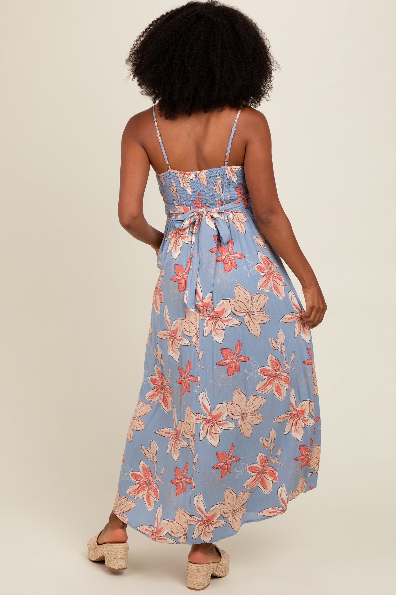 Blue Floral Crossover Neckline Maxi Dress