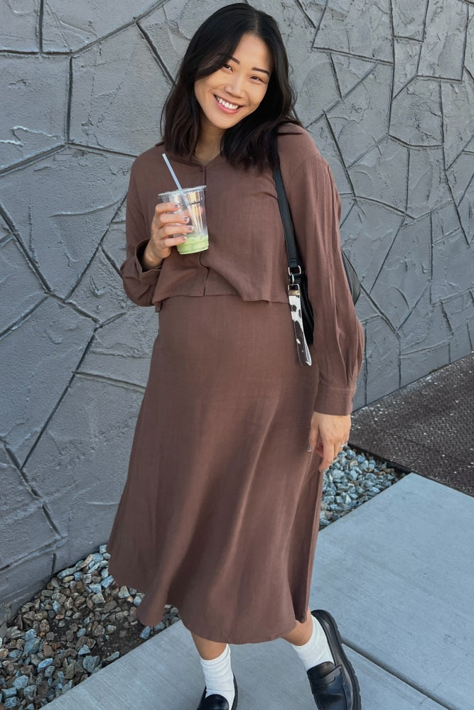 Mocha Linen Cropped Shirt Midi Dress Maternity Set