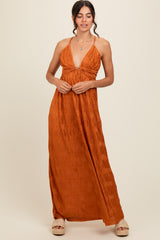 Camel Deep V-Neck Textured Satin Maxi Dress