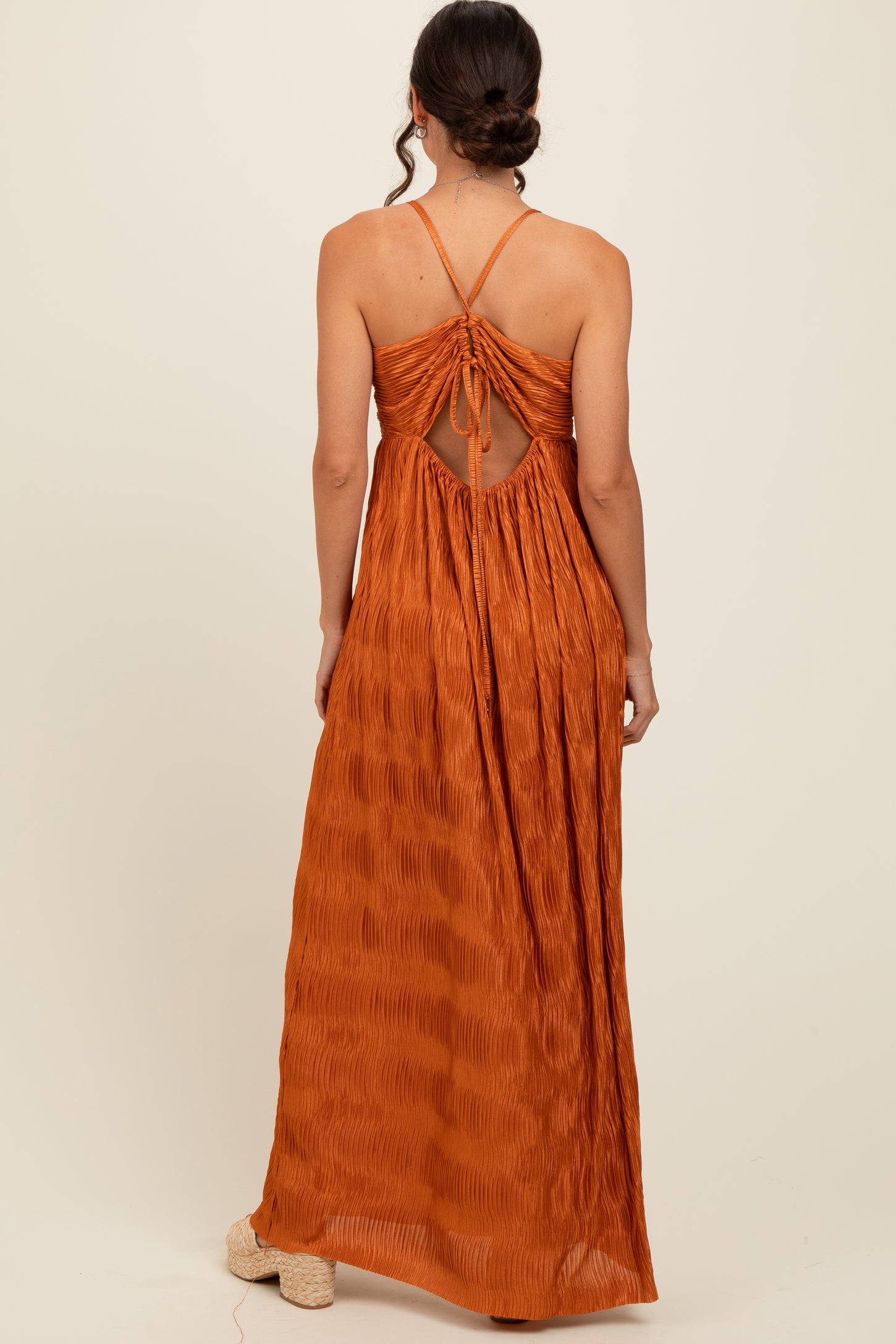 Camel Deep V-Neck Textured Satin Maxi Dress