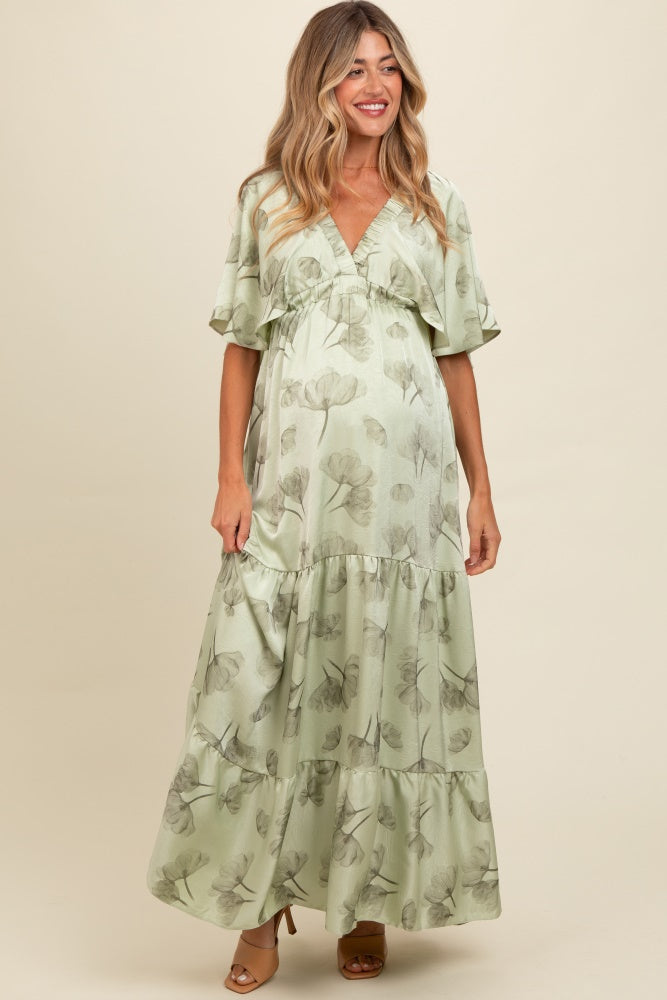 Light Olive Floral Deep V-Neck Maternity Maxi Dress