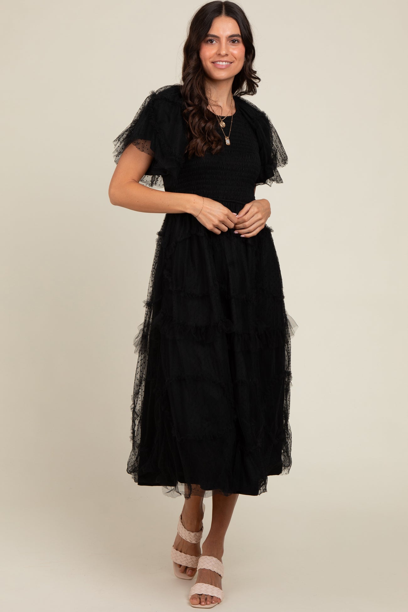 Black Smocked Dotted Tulle Overlay Midi Dress