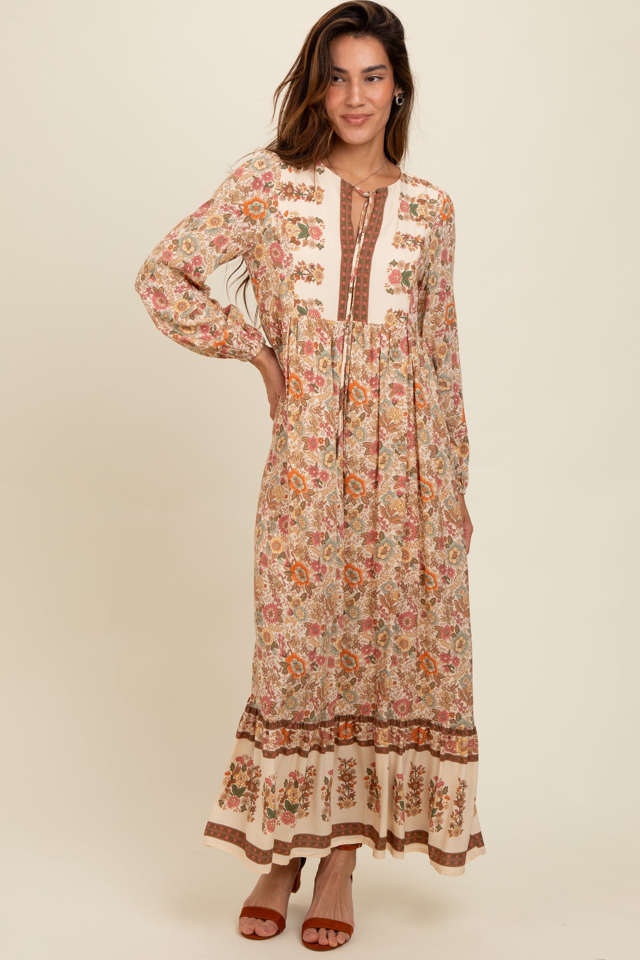 Cream Floral Border Print Maternity Maxi Dress