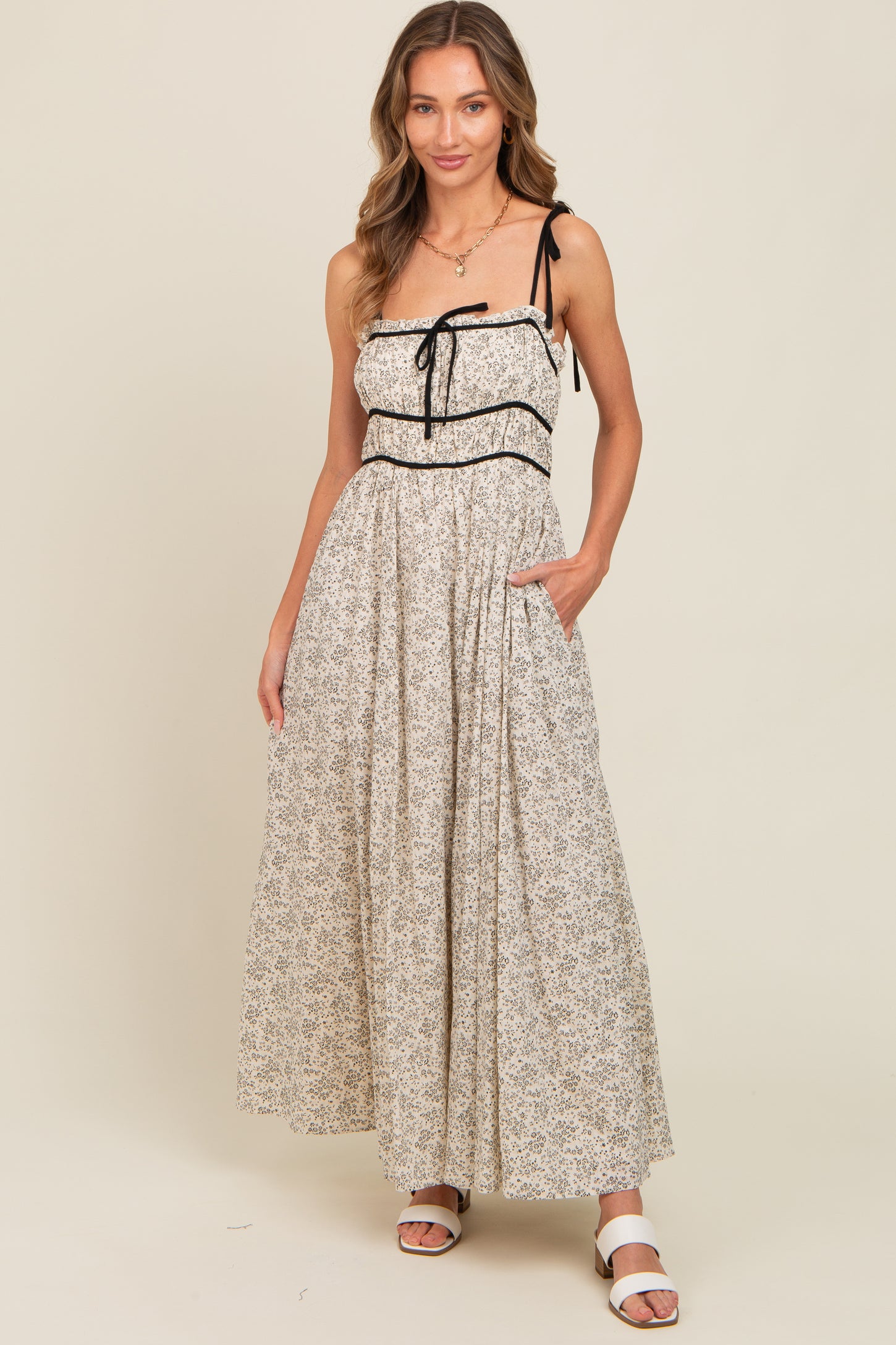 Cream Floral Contrast Ribbon Trim Maternity Maxi Dress
