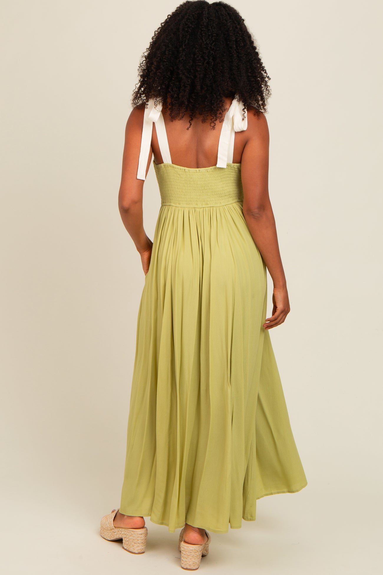 Lime Contrast Shoulder Tie Smocked Maxi Dress