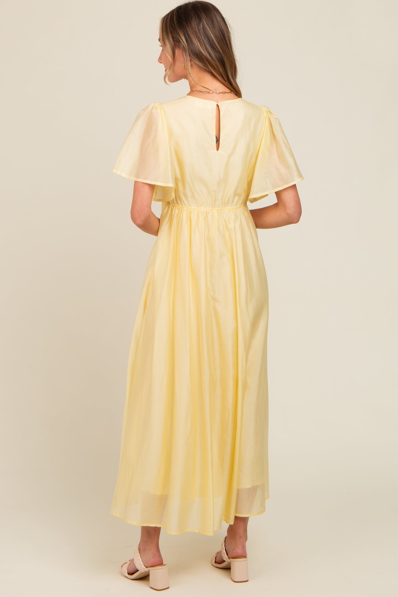 Yellow V-Neck Flutter Sleeve Maxi Dress