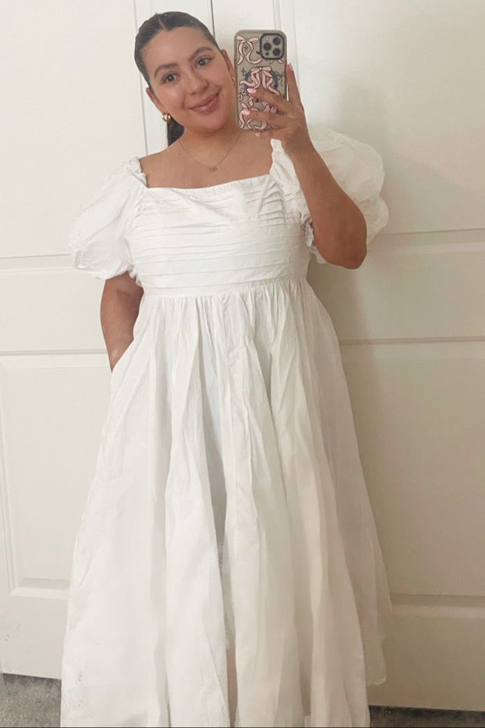 Off White Balloon Sleeve Pleated Midi Dress