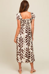 Brown Leaf Print Off Shoulder Smocked Midi Dress