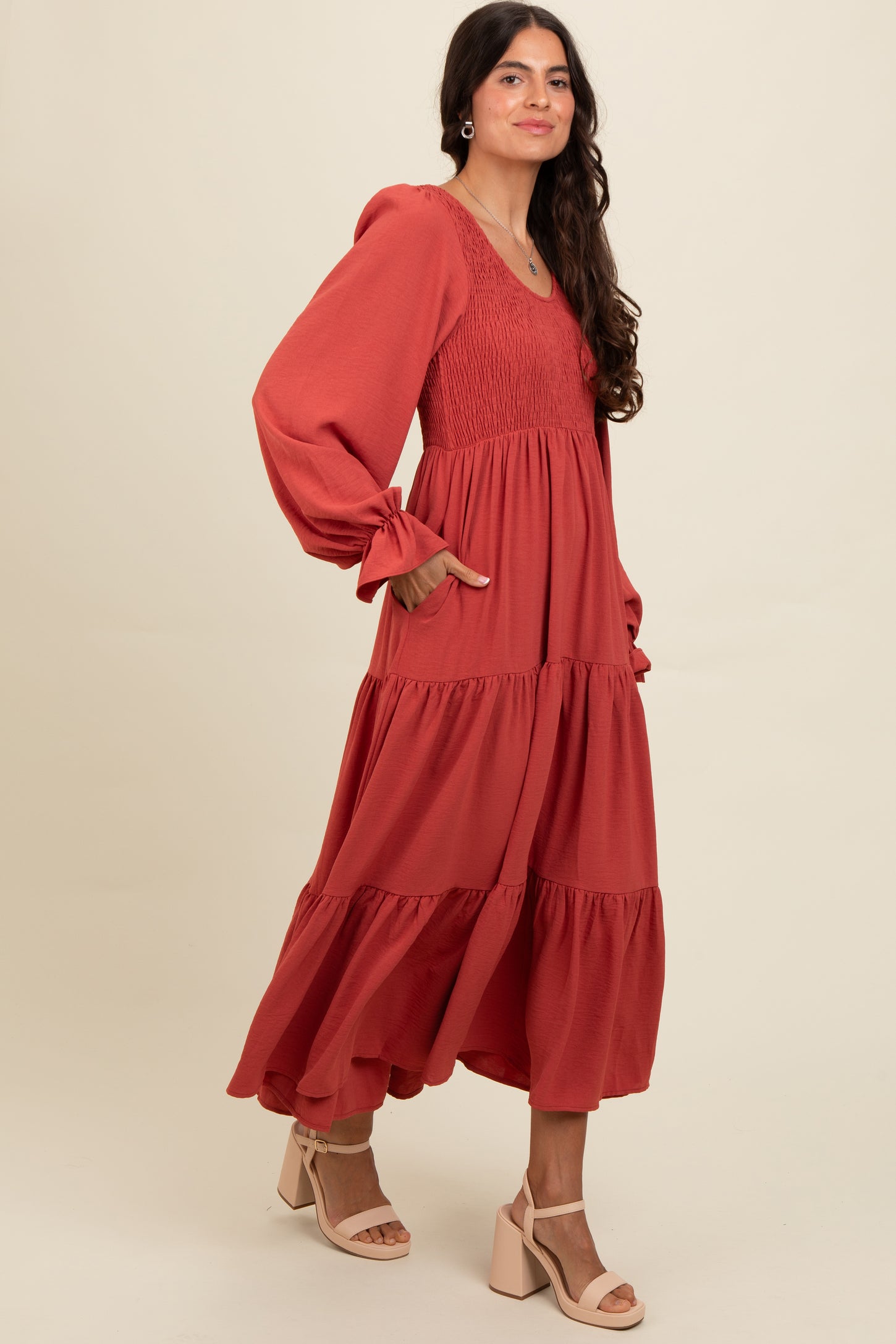 Rust Smocked Tiered Long Sleeve Maxi Dress