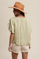 Green Lily Linen Bow Tie Sleeve Pleated Blouse Top