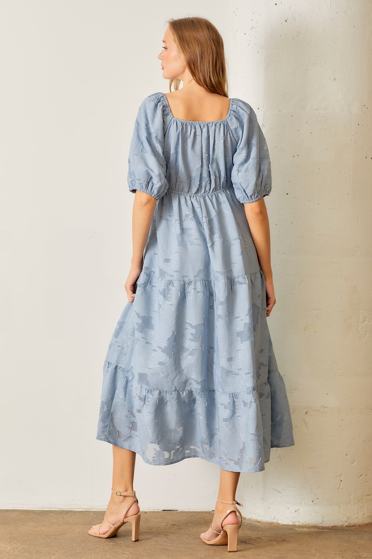 Blue Floral Textured Tiered Midi Dress
