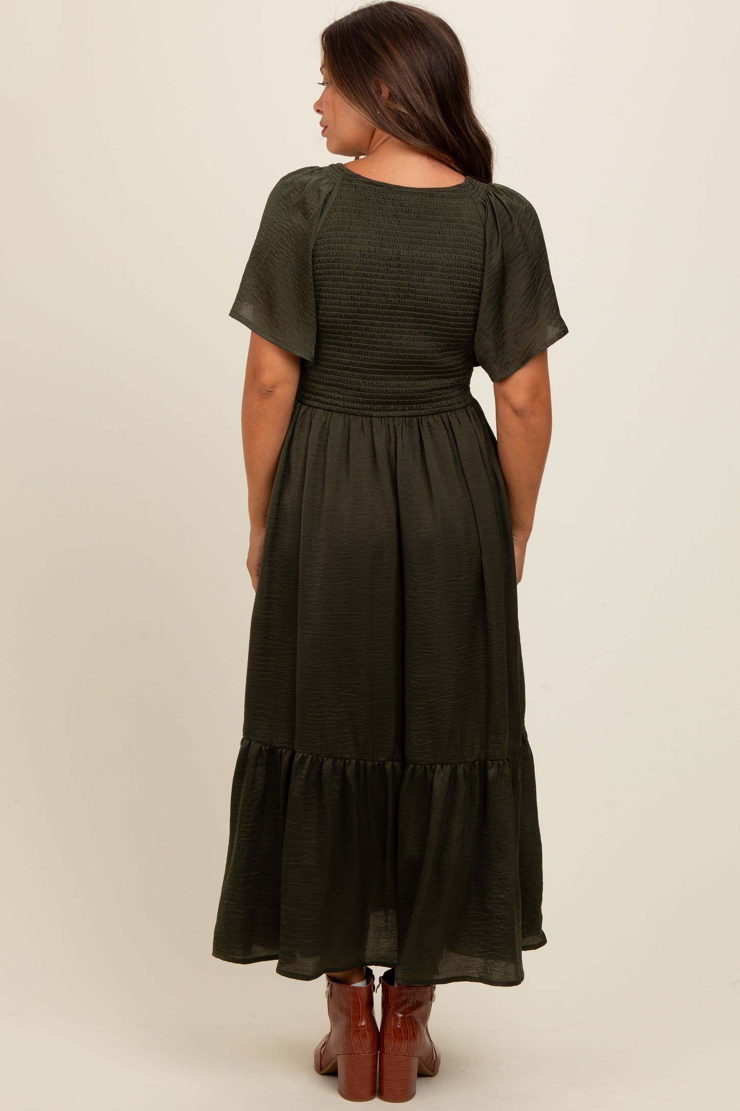 Olive Satin Smocked Maternity Midi Dress