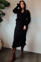Black Ruffle Hem Knit Top And Midi Skirt Set