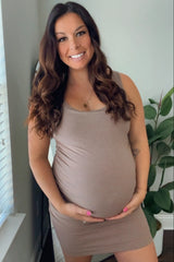 Brown Ribbed Ruched Sleeveless Maternity Dress