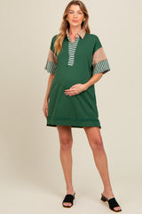 Forest Green Striped Color Block Collared Terry Maternity Dress