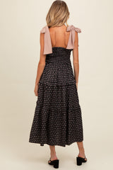 Black Floral Print Contrast Shoulder Tie Tiered Maternity Midi Dress