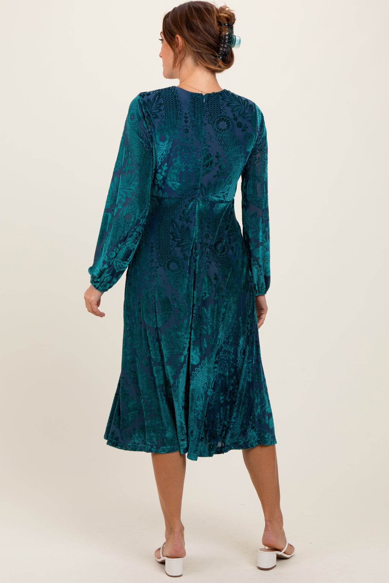 Forest Green Velvet Damask Midi Dress