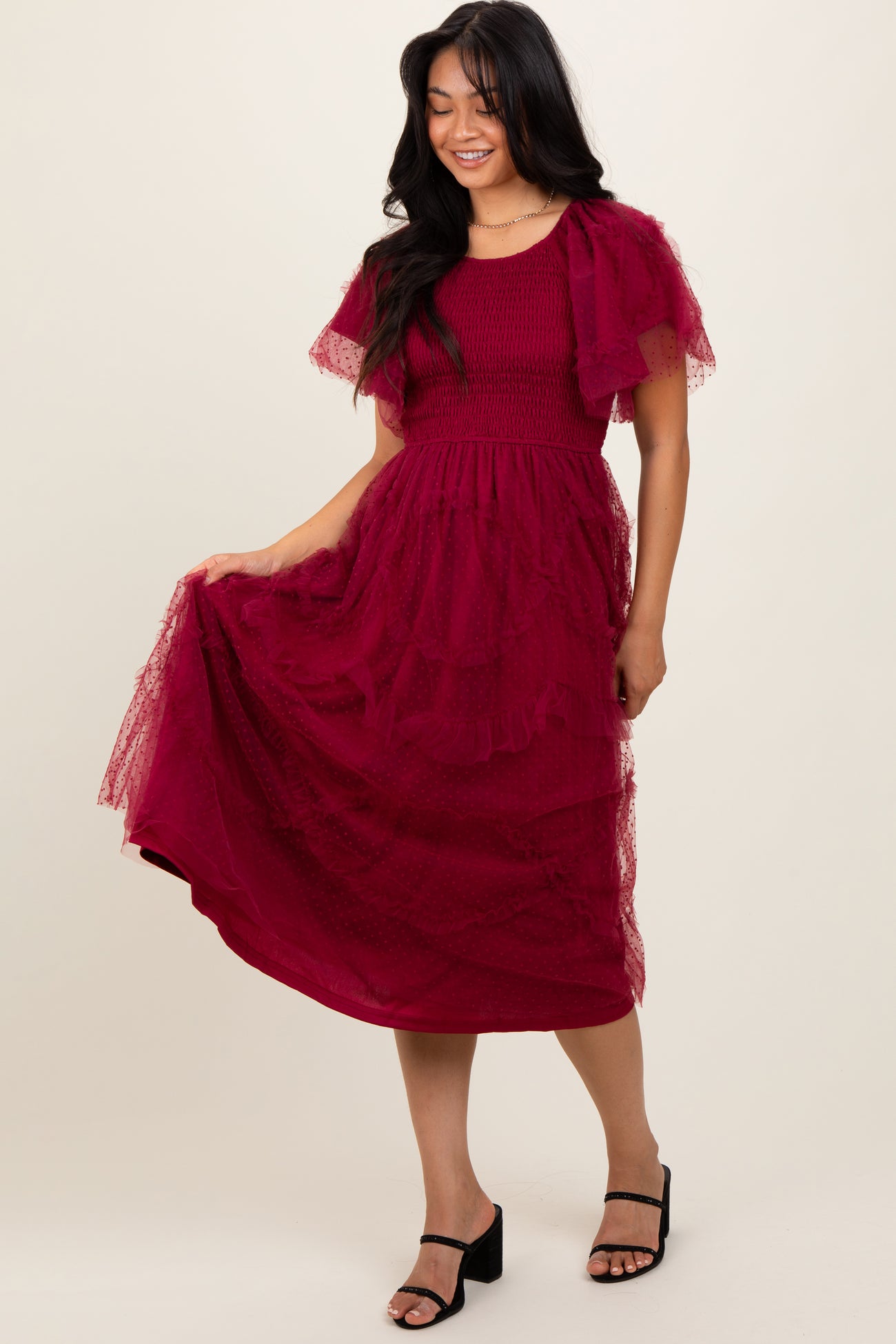 Burgundy Smocked Ruffled Mesh Midi Dress