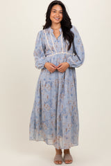 Light Blue Floral Lace Trim Maxi Dress