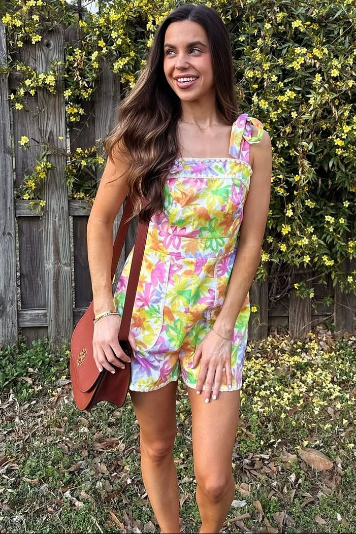 Lime Orange Floral Romper With Scallop Stitch Trim