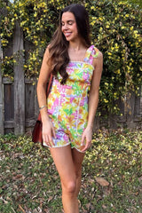 Lime Orange Floral Romper With Scallop Stitch Trim