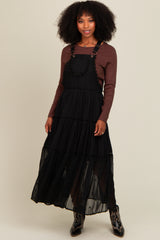 Black Overall Crochet Lace Tiered Maternity Dress