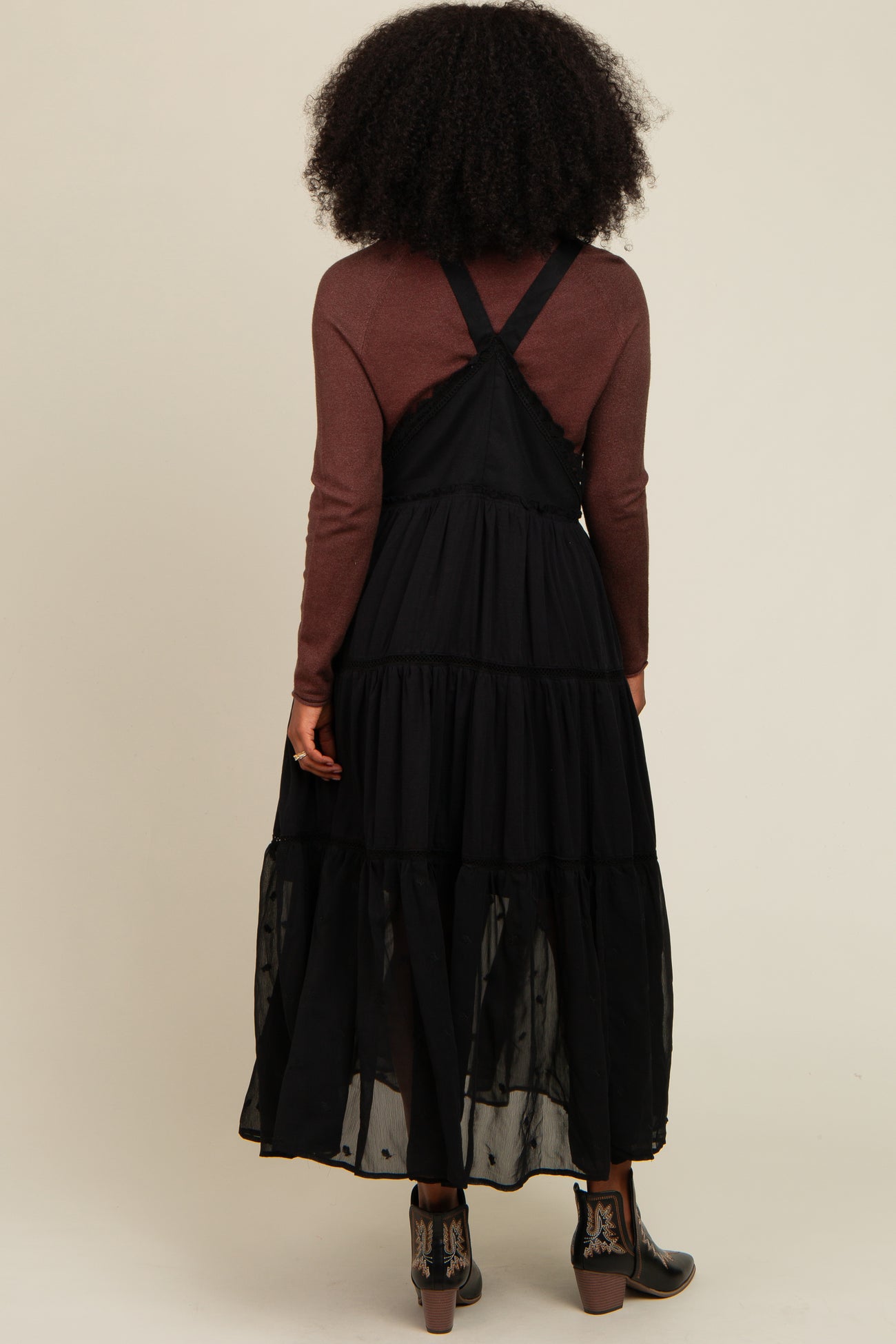 Black Overall Crochet Lace Tiered Dress