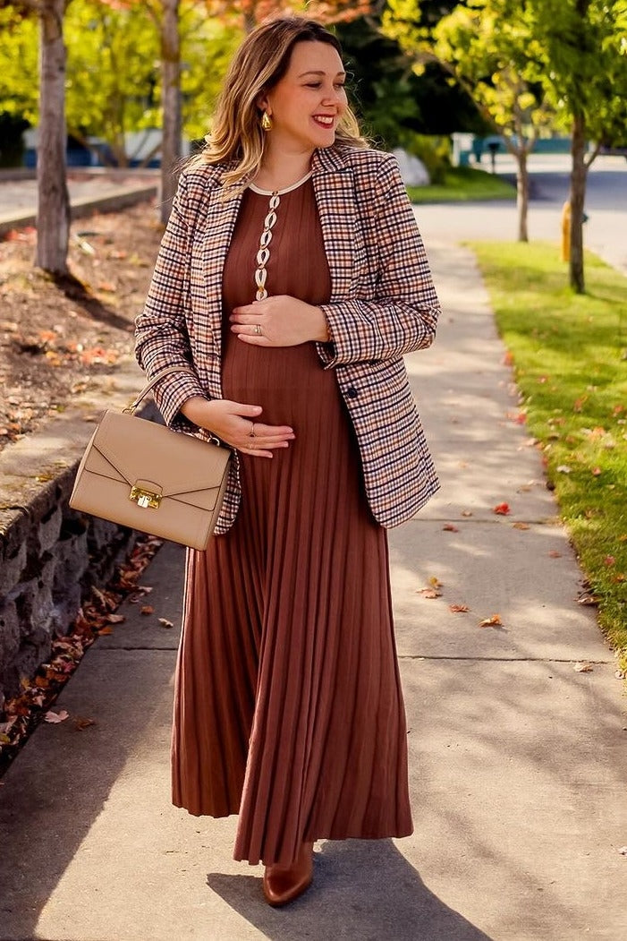 Brown Ribbed Knit Button Detail Sleeveless Maternity Maxi Dress