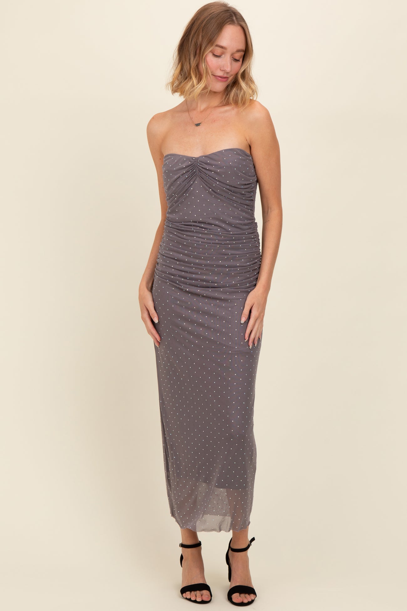 Grey Dot Print Strapless Ruched Maternity Maxi Dress