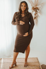 Brown Ribbed Knit Side Slit Maternity Midi Dress